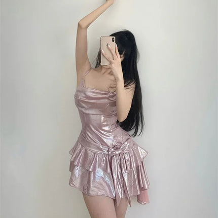 Sexy Ruffle Mini Dress Pink Asymmetrical Bodycon Summer Dress Elegant Party Dress for Women 2023 Fashion Bow Knot Vestidos