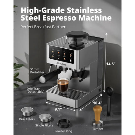 Espresso Coffee Machine 20 Bar with Burr Grinder Milk Frother Wand for Cappuccino Latte Americano and Iced Cold Brew