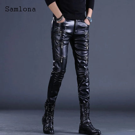 2025 Rock Style PU Leather Pants Sexy Night Club Dance Pants Men Fashion Multi-Zipper Faux Leather Slim Motorcycle Trouser New