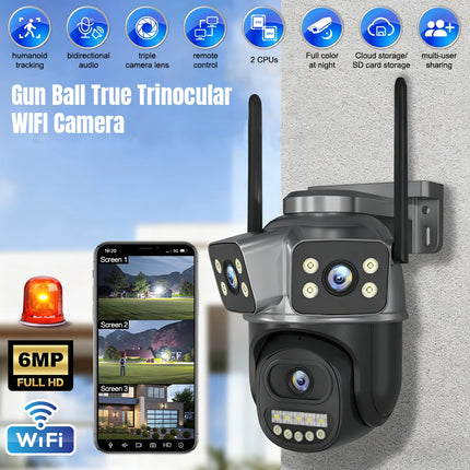 6MP Three Lens WiFi Security Camera Outdoor PTZ IP Camera Triple Screen Display Human Detection Two Way Audio Full Color Night Vision H265 Surveillance Camera