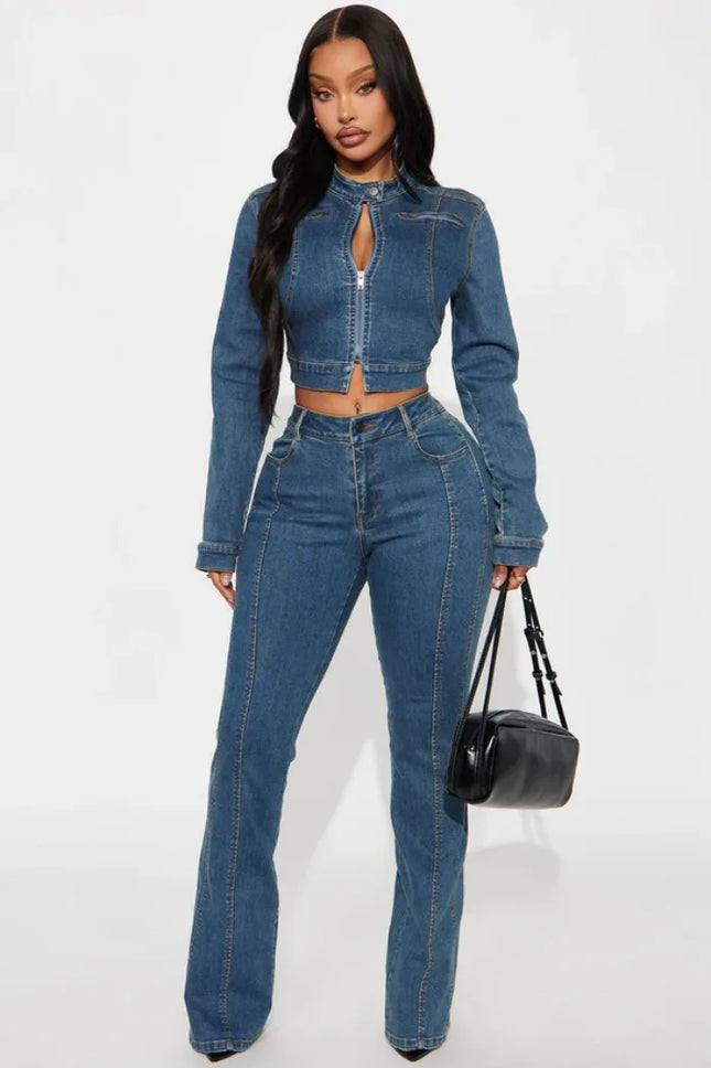 Streetwear Jeans Hosen Outfits Sexy Damen Zweiteiler Eleganter Denim Club Kombi Set Jacke+Hose