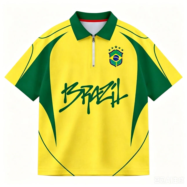 2026 Brazilian Fan Uniform Football Print Breathable Zipper Polo Shirt Football T-shirt Is A Must-have for Fans