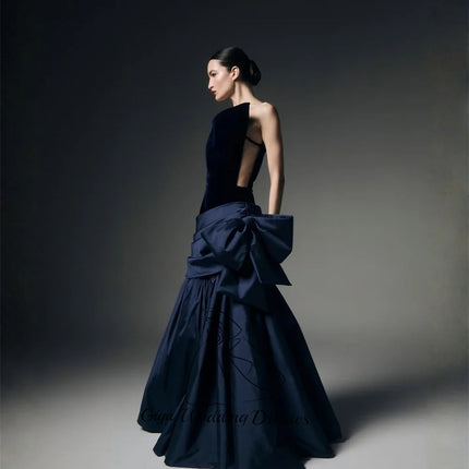 Giyu Customized Elegant Navy A Line One-Shoulder Evening Gown Dress Sleeveless Pleat Formal Party Dress Satin Prom Dress
