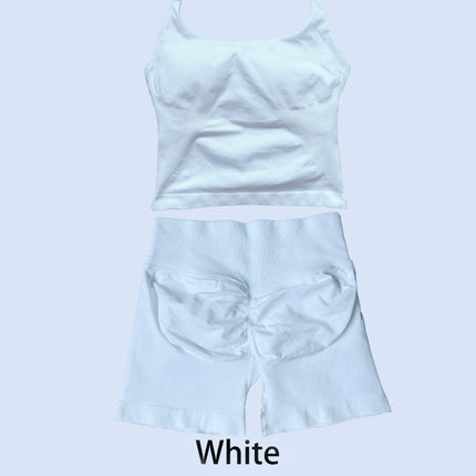 DFLOGO Women 2Pcs Yoga Set Halter U Neck Crop Tank High Waist Tummy Control Biker Shorts Seamless Gym Workout Sport Tracksuit