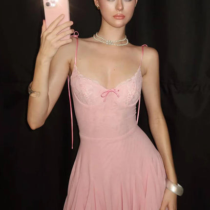 Sweet Lace Patchwork Dress Backless Bow Lace-Up Sleeveless Slim Pleated Solid Midnight Clubwear Party Mini