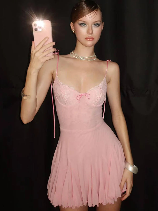 Sweet Lace Patchwork Dress Backless Bow Lace-Up Sleeveless Slim Pleated Solid Midnight Clubwear Party Mini