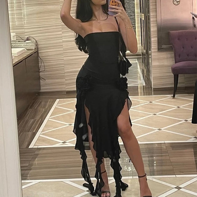 Strapless Sexy Floral Fold Hemline High Slit Mini Dress Solid Backless Sleeveless Black And Pink Party Dress