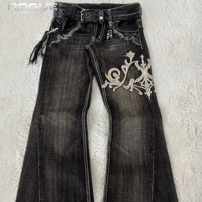 Vaqueros acampanados bordados de moda urbana de verano para hombre, estilo gótico punk retro Y2K, casual, Harajuku, desgastados, vintage, negros, unisex