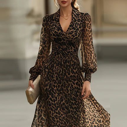 Ladies V-neck Lantern Sleeve Party Dress 2026 Casual Streetwear Swing Long Dress Retro Leopard Print High Waist Commuting Dress