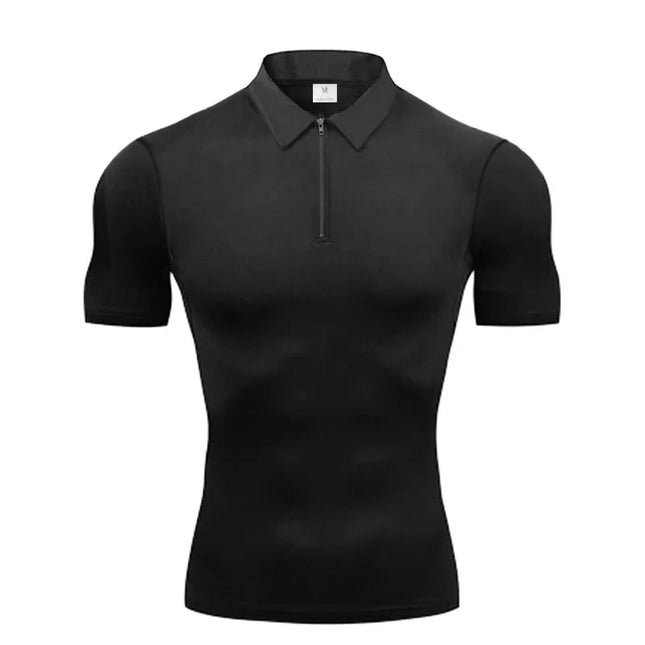 Mens Quick Dry Short Sleeve Polo Shirt Plain Compression Tight Sportswear Gym Fitness Trainer Polos Trainning Exercise Shirts