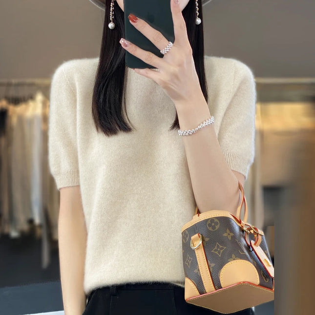 First-line ready-to-wear 100% Merino wool knitted short-sleeved women's loose solid color slim commuter five-point cuff T-shirt