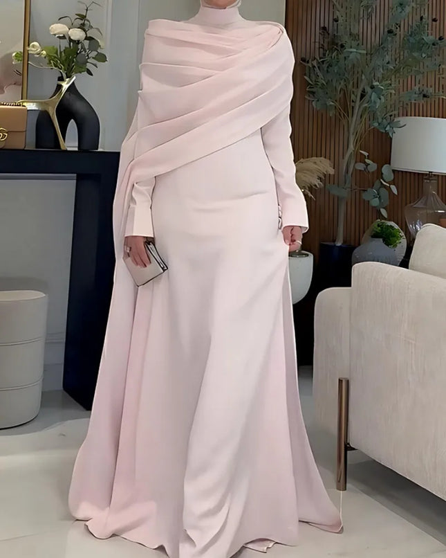 Damen-Schal-Stil Langarm Eng Anliegendes Schlankmachendes Langes Kleid mit Großem Saum Elegantes Anmutiges Bankett Date Pendler Vielseitiges Abendkleid
