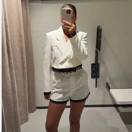 zoci Lace Short Blazers for Women's Suit Summer Blazer Set 2 Piece Woman Shoulder Pad Women's Tailoring Blazers Bermuda Shorts