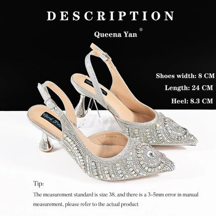 Queena Yan Nigerian Heel Party for Women Silver Color Shoes and Bag Set Rhinestone Handbag Italian Design Wedding INS 2025