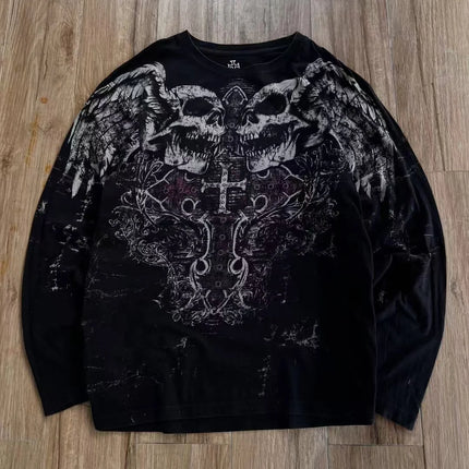 Y2K New Vintage Gothic Skull Wing Printed Long Sleeve Street Trend Pure Cotton Top Men Hip Hop Gothic Harajuku Oversize T-shirt