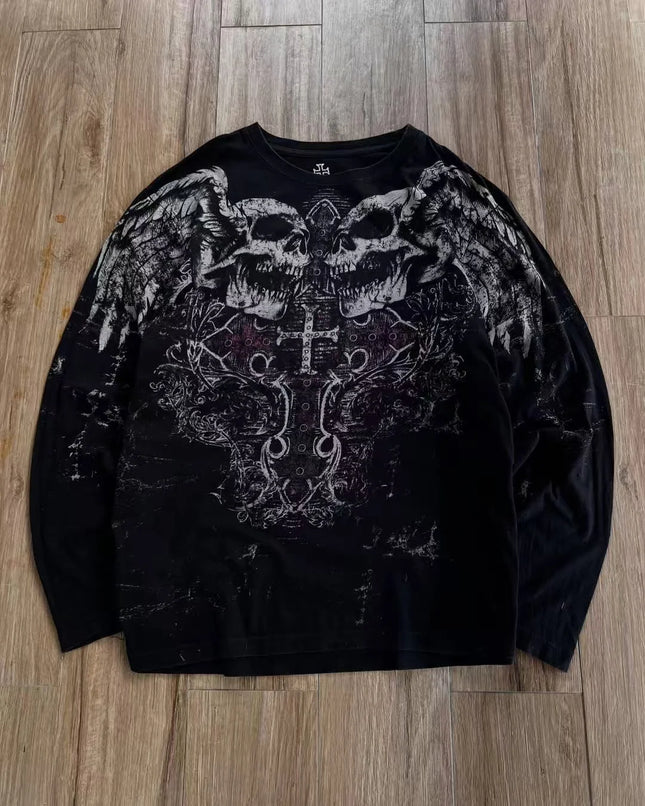 Y2K Nuevo Vintage Gótico Calavera Alas Estampado Manga Larga Tendencia Urbana Algodón Puro Top Hombre Hip Hop Gótico Harajuku Camiseta Oversize