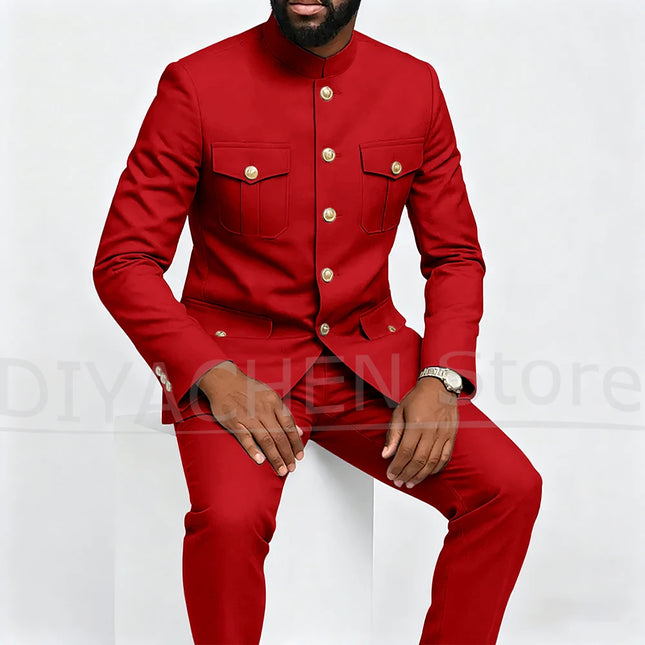 Trajes de hombre con cuello alto de moda, un solo pecho, cuatro bolsillos, ajustados, ropa masculina, traje de 2 piezas, formal, negocios, casual, diario