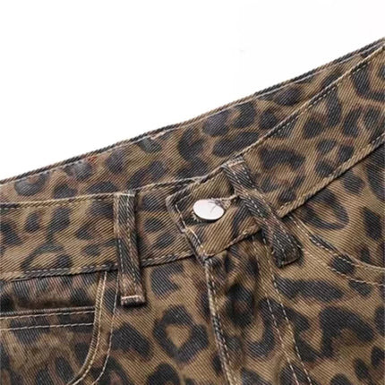 Tan Leopard Jeans Women Denim Pants Female Oversize Wide Leg Trousers Streetwear Hip Hop Vintage Clothes Loose Casual