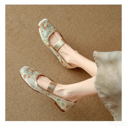 Luxury Embroidered Low Heels Square Head Flats Women Elegant minimalist shoes Fashionable versatile Summer new  soft-soled shoes