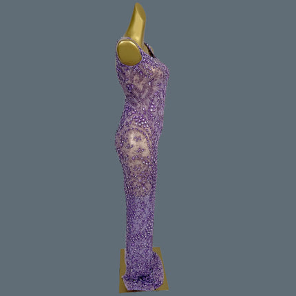 Women Sparkly Rhinestone Purple Couture Birthday Party Sexy Ball Long Dress Elegant See Through Mesh High-end Event Dress Zixia