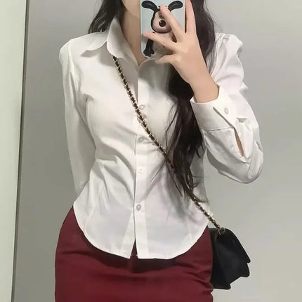 Preppy Style White Shirts Korean Slim Long Sleeve Office Shirt Spring Button Lapel Short Blouse