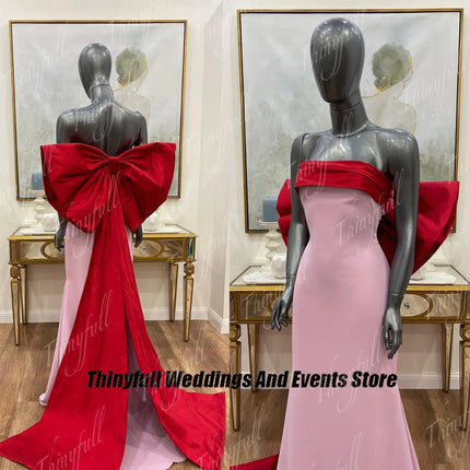 Thinyfull Arab Mermaid Prom Dresses ﻿Strapless Sleeveless Satin Evening Gowns Formal Dress with Bow robes de soirée Customized