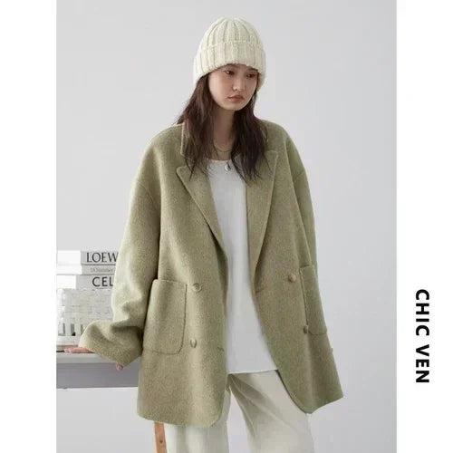 CHIC VEN Women's Woolen Coats Loose Casual Double Breasted Retro Double-sided Jacket Office Lady - product image 7