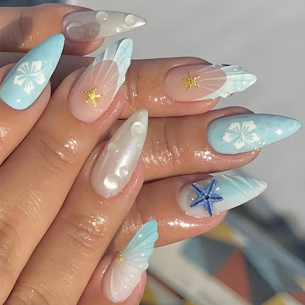 24pcs Almond False Nails Tips Summer Beach Colorful Nails Sets with Pearl Flower Design Press on Nails Art Wearable Fake Nail