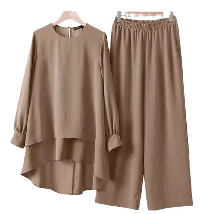 Women Muslim 2 Piece Set Blouse Double Top Wide Leg Pants Suit Morocco Ramadan Casual Ensemble Dubai Arab Trousers Outfits