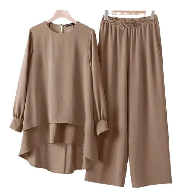 Damen Muslimische 2-Teiler Set Bluse Double Top Weite Hose Anzug Marokko Ramadan Freizeit Ensemble Dubai Arabische Hosen Outfits