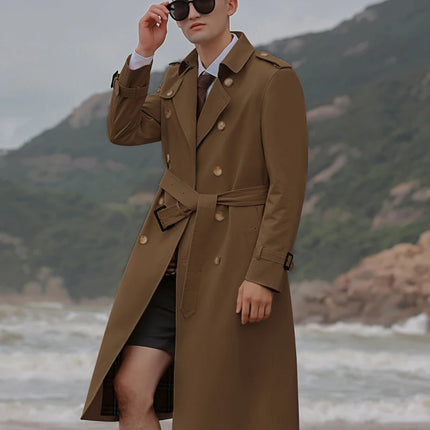 Men's trench coat long knee length with double breasted British plaid cotton lining down inner lining windbreaker mens