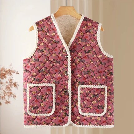 2025 New Winter Floral Kimchi Vest Quilted Vest Women's Ethnic Style Printing Thermal Vest