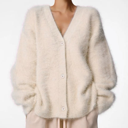 Autumn Winter V Neck Long Sleeve Button Thicken Fluffy Soft Loose Cardigan Knitted Sweater Coats PYMYFZC-9902