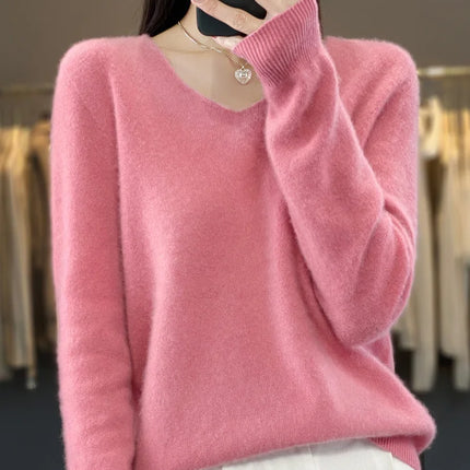 Fashion100% Merino Wool Sweater Cashmere  Pullover Women Knitwear V-Neck Long Sleeve  Autumn Winter Fashion Basic Clothing  Tops