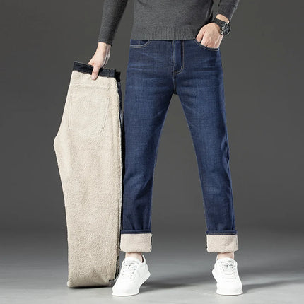 Winter Warm Fleece Jeans Men 2025 Straight Stretch Thick Casual Thermal Denim Pants Male Business Work Trousers New Men Clothing