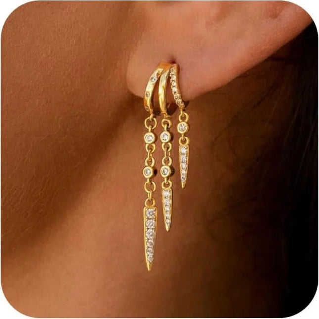 14k Gold Plated Triple Huggie Stud Earrings for Women Sparkling CZ Chain Tassel Hypoallergenic Dangle - product image 10