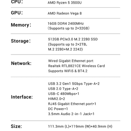 FIREBAT R2 Mini PC AMD Ryzen5 3500U DDR4 16GB RAM M.2 PCIe 512GB SSD WiFi5 BT4.2 1000M Lan Portable Windows11 Desktop Computer