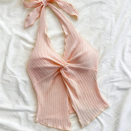Sexy V-neck Halter Neck Crop Top for Women Summer Sleeveless Solid Split Backless Top Y2K Clothes