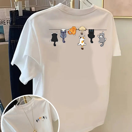 Cartoons Cats Prints T-Shirts Summer Womens Cotton T Shirts Basic O-Neck Oversized Short Sleeve Tops Casual Street Woman Clothes