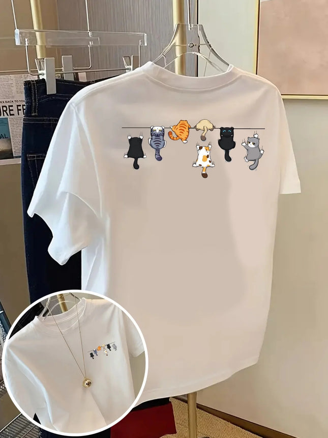 Cartoons Katzen Druck T-Shirts Sommer Damen Baumwoll T-Shirts Basic O-Ausschnitt Oversized Kurzarm Tops Lässige Street Frau Kleidung