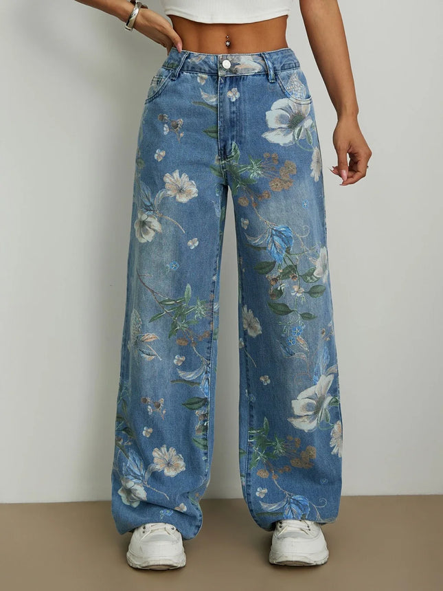 Vintage Floral Print Wide Leg Jeans for Women High Waist Loose Straight Trousers Retro Floral Print Floor-Length Denim Pants Str