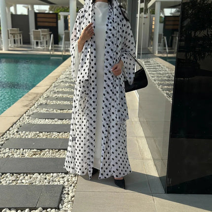 Abaya Suit Women Muslim Dresses Hijab 2 Piece Set Cardigan Robe Polka Dot Print Jalabiya Vestidos Khimar Dubai Abayas Kaftan