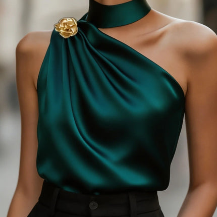 Chic Halter One Shoulder Satin Draped Dark Green Blouse, Sleeveless Top For Party & Office Women
