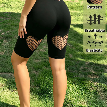 Women's High Waist Heart Fishnet Hollow Out Shorts High Elastic Breathable Black Shorts for Daily Club