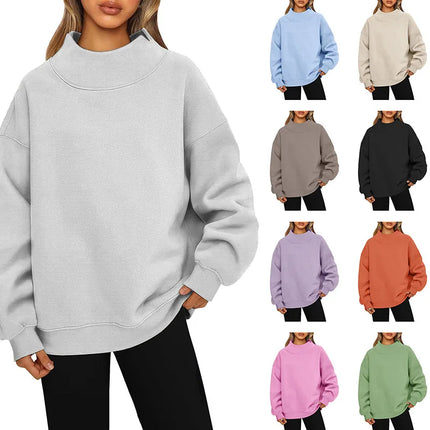 Casual Commuter Comfort Pullover Loose-Fit Solid-Color Half-High Neck Crew Neck Sweatshirt Top
