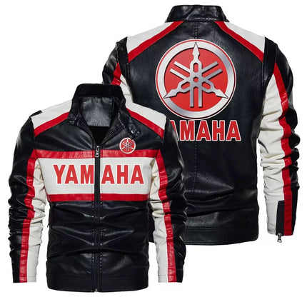 New Yamaha windproof motorcycle leather jacket with zipper style, featuring contrasting color elements, men's motorcycle jacket