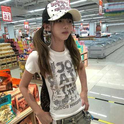 Karrram Japanese Y2k Letter Print T-shirt 2000s Style Short Sleeve Crop Top Vintage Harajuku Ribbed Tee Shirt American Retro 90s