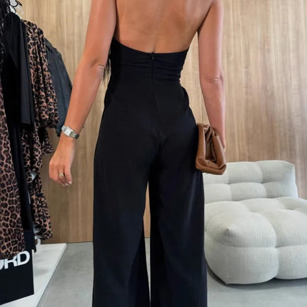 Sexy Backless Halter Neck Sleeveless Bandage Jumpsuit Summer Women Fashion Red Black Hollow Out Wide Leg Jumpsuits Streetwear