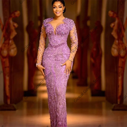Purple Bead Aso Ebi Evening Dresses Appliques Full Sleeve Birthday Dress Women 2026 Special Occasion Gown Customized