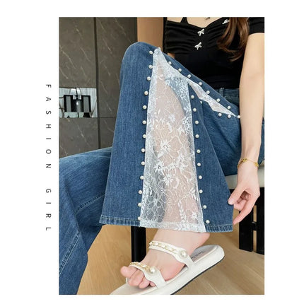 Tennis Lace Pearl Wide Leg Jeans for Women 2025 New Summer Thin Style Fashionable Loose Hollow Straight-Leg Pants